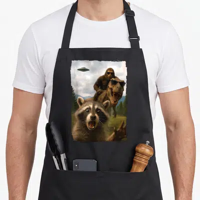Rex bigfoot apron - Raccoon selfie with T-Rex and Bigfoot riding behind in forest — shown on a black cotton canvas apron against a white background