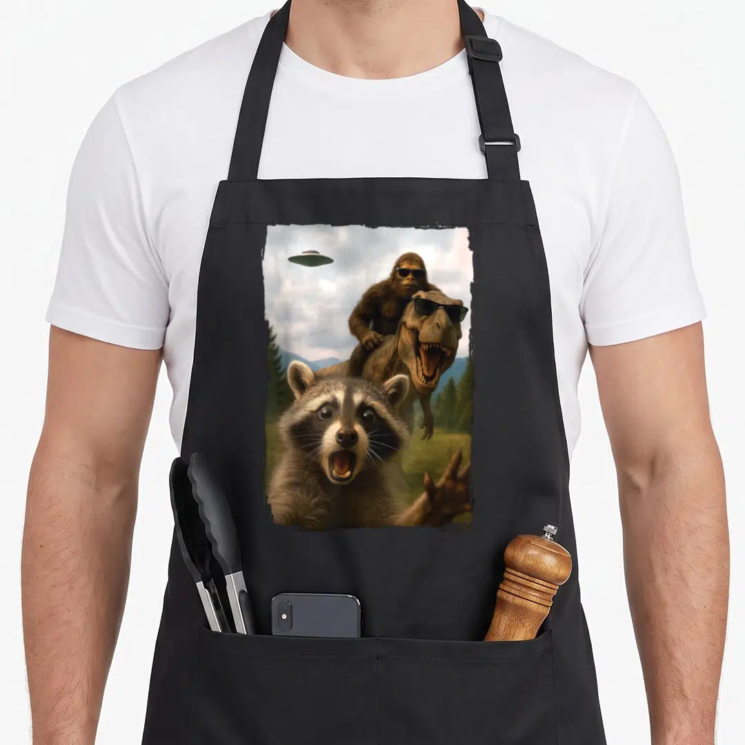 Rex bigfoot apron - Raccoon selfie with T-Rex and Bigfoot riding behind in forest — shown on a black cotton canvas apron against a white background