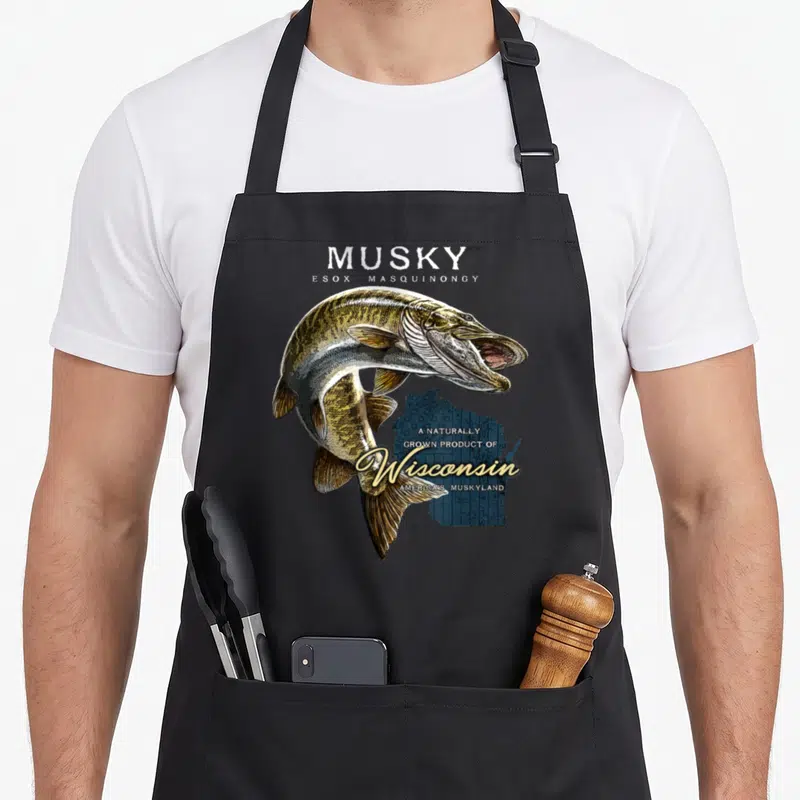 Musky wisconsin apron - Realistic musky fish over blue Wisconsin state map with gold and white text — shown on a black cotton canvas apron against a white background