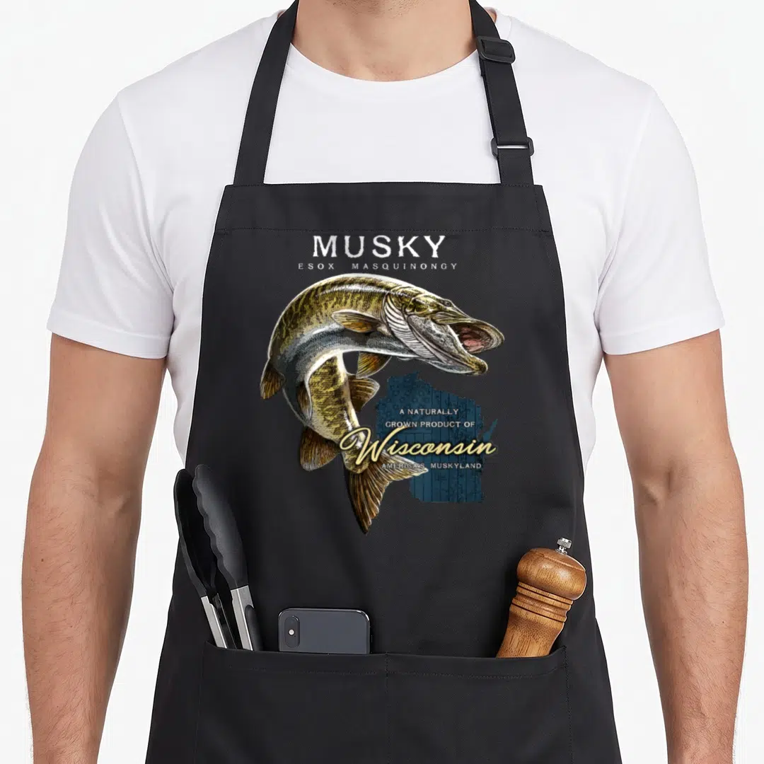Musky wisconsin apron - Realistic musky fish over blue Wisconsin state map with gold and white text — shown on a black cotton canvas apron against a white background