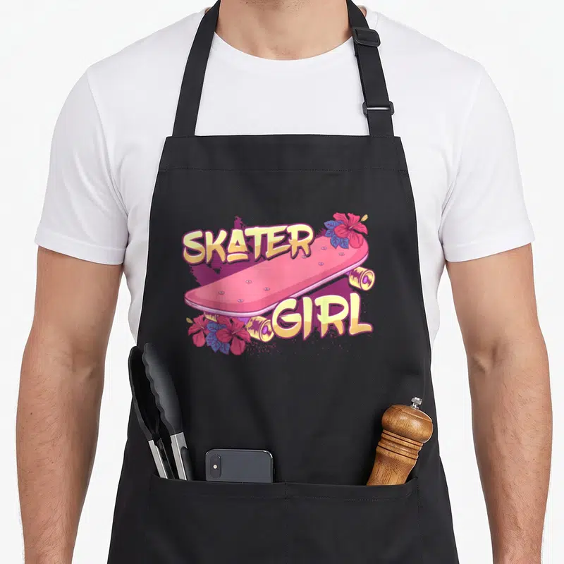 Funny skater skateboarding apron - Pink skateboard with SKATER GIRL text and two hibiscus flowers in cartoon style — shown on a black cotton canvas apron against a white background