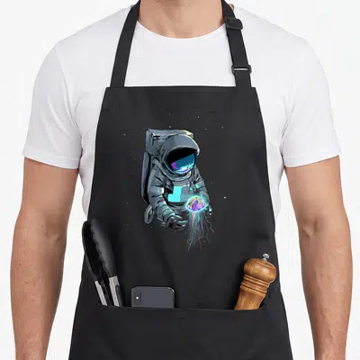 Space jellyfish apron - Astronaut holding glowing colorful jellyfish surrounded by white stars in cartoon style — shown on a black cotton canvas apron against a white background
