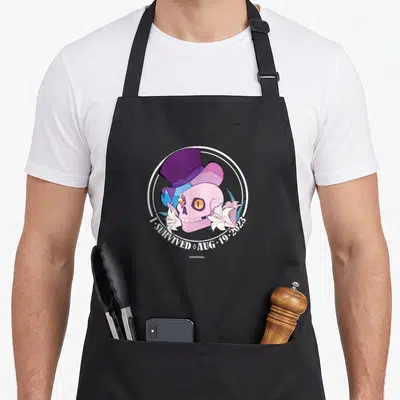 Gavis clown aprons - Pink skull purple top hat white lilies I SURVIVED AUG 19 2023 text circular border — shown on a black cotton canvas apron against a white background