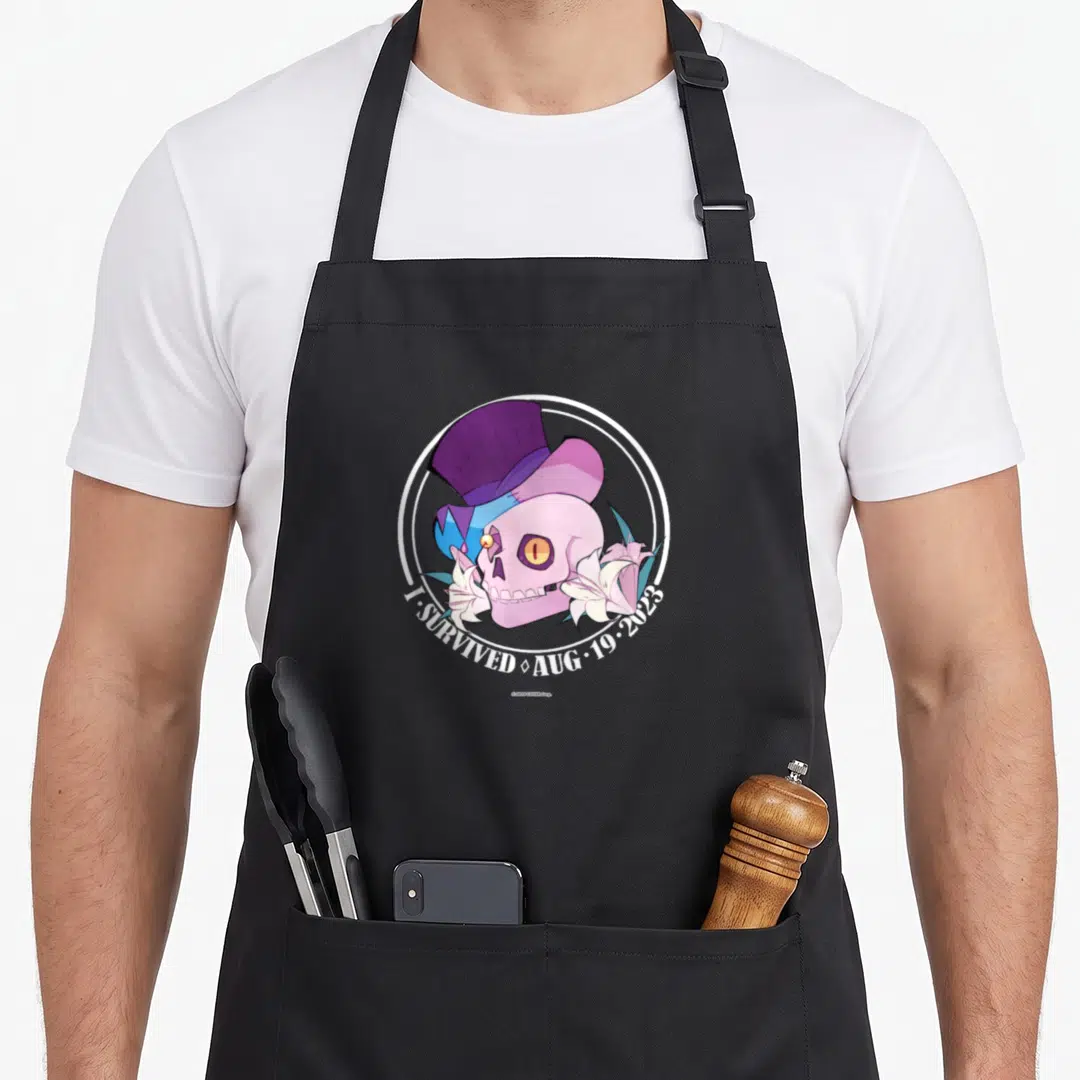 Gavis clown aprons - Pink skull purple top hat white lilies I SURVIVED AUG 19 2023 text circular border — shown on a black cotton canvas apron against a white background