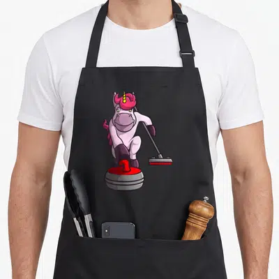 Curling unicorn apron - Cartoon white and pink unicorn pushing a red and grey curling stone while holding a broom — shown on a black cotton canvas apron against a white background