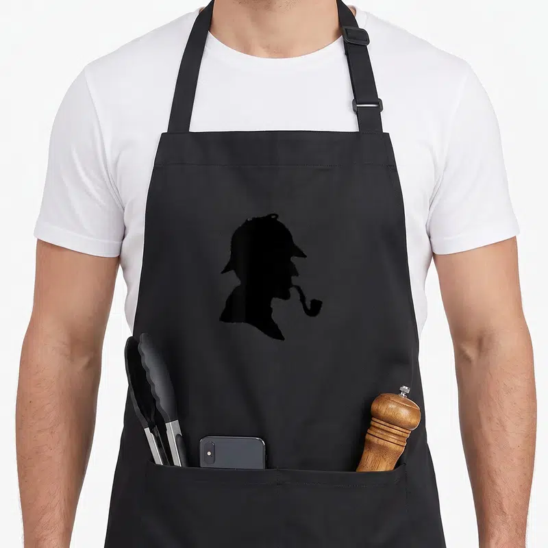 Detective famous aprons - Black silhouette profile of Sherlock Holmes wearing a deerstalker hat and smoking a pipe — shown on a black cotton canvas apron against a white background