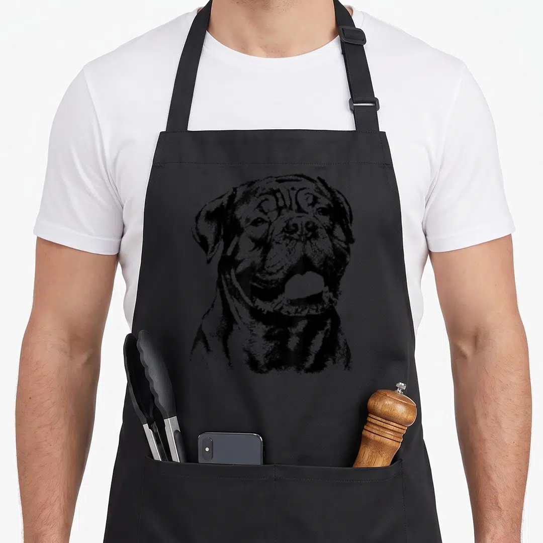 Dogge french apron - Black line art portrait of a wrinkled mastiff dog head and chest facing forward — shown on a black cotton canvas apron against a white background