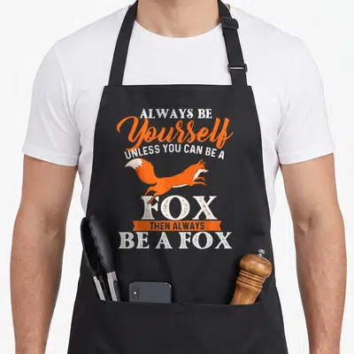 Yourself fox aprons - Orange and white jumping fox illustration with stacked inspirational typography and ribbon banner — shown on a black cotton canvas apron against a white background