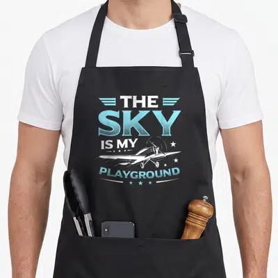 Sky airplane apron - The Sky Is My Playground text with white airplane and blue wings — shown on a black cotton canvas apron against a white background