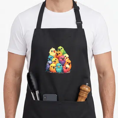 Cockatiel kawaii apron - Pyramid of cartoon parrots in yellow, green, orange, blue, purple, and pink — shown on a black cotton canvas apron against a white background