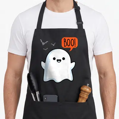 Boo spooky halloween apron - White cartoon ghost with orange speech bubble and three grey bats — shown on a black cotton canvas apron against a white background