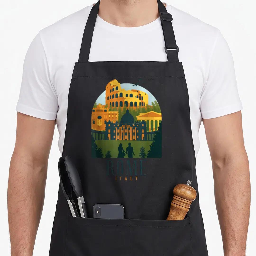 Souvenir rome italian apron - Retro gold and blue Rome skyline arch with couple silhouette and centered text — shown on a black cotton canvas apron against a white background