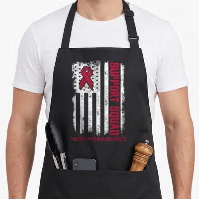 Multiple sister squad apron - Distressed white flag with red ribbon and SUPPORT SQUAD text for Multiple Myeloma — shown on a black cotton canvas apron against a white background