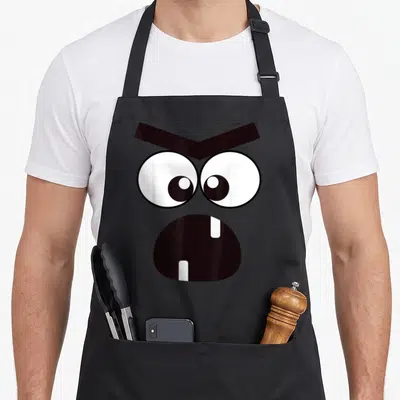 Creepy carrot halloween apron - Black and white cartoon face with two teeth and angled eyebrows — shown on a black cotton canvas apron against a white background