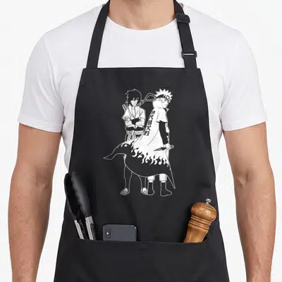 Outline anime apron - Two characters back to back, one wearing Fourth Hokage cloak with kanji text holding a kunai — shown on a black cotton canvas apron against a white background
