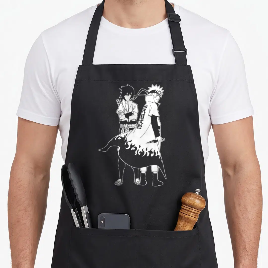 Outline anime apron - Two characters back to back, one wearing Fourth Hokage cloak with kanji text holding a kunai — shown on a black cotton canvas apron against a white background
