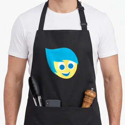 Joy novelty apron - Yellow cartoon face with blue hair and blue eyes smiling — shown on a black cotton canvas apron against a white background