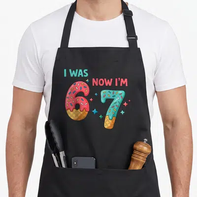 Birthday drip ice cream apron - I WAS NOW I'M text above pink and teal ice cream cone numbers with stars — shown on a black cotton canvas apron against a white background