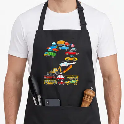 Vehicle truck apron - Cartoon vehicles arranged in the shape of number 2 with a police car — shown on a black cotton canvas apron against a white background