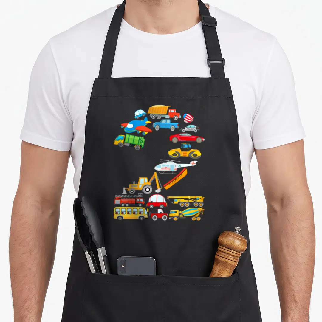 Vehicle truck apron - Cartoon vehicles arranged in the shape of number 2 with a police car — shown on a black cotton canvas apron against a white background