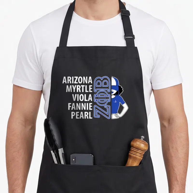 Phi paraphernalia sorority apron - Stacked white names ARIZONA PEARL beside blue ZΦB logo and partial woman illustration — shown on a black cotton canvas apron against a white background