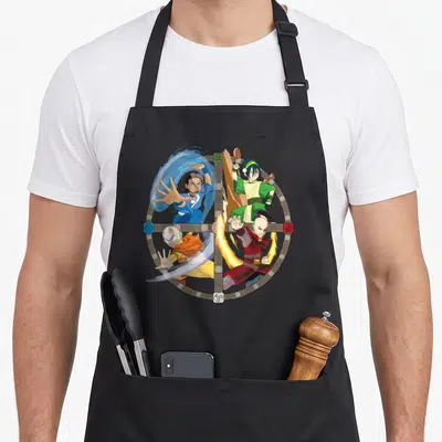 Funny character aprons - Four cartoon benders in blue red green yellow and brown inside a circular stone frame — shown on a black cotton canvas apron against a white background