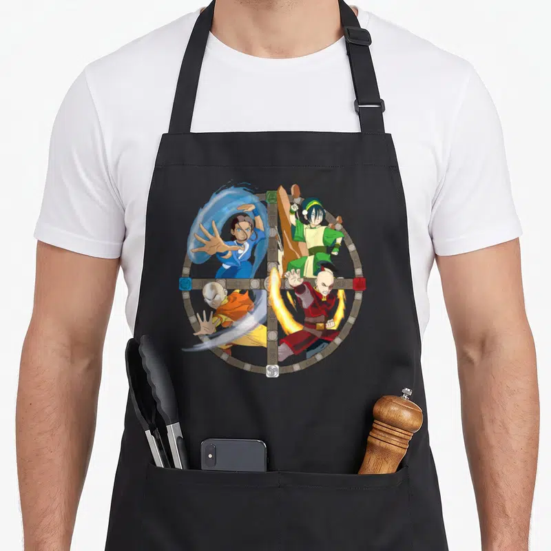 Funny character aprons - Four cartoon benders in blue red green yellow and brown inside a circular stone frame — shown on a black cotton canvas apron against a white background