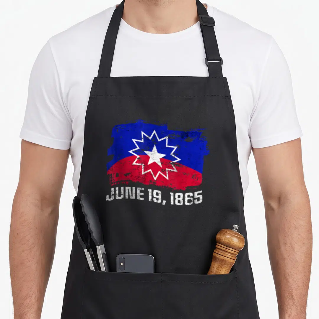 June freedom apron - Distressed blue red flag with white starburst and June 19 1865 text — shown on a black cotton canvas apron against a white background
