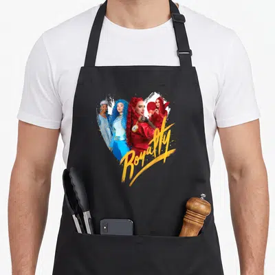 Royalty novelty apron - Four women in red blue yellow dresses with yellow Royalty script over white splatter — shown on a black cotton canvas apron against a white background
