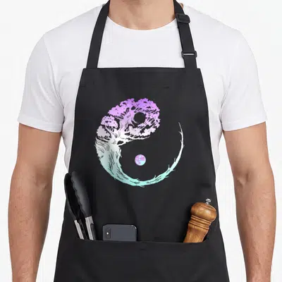 Gardening zen tree apron - Stylized tree forming yin yang with purple canopy teal roots and celestial bodies — shown on a black cotton canvas apron against a white background