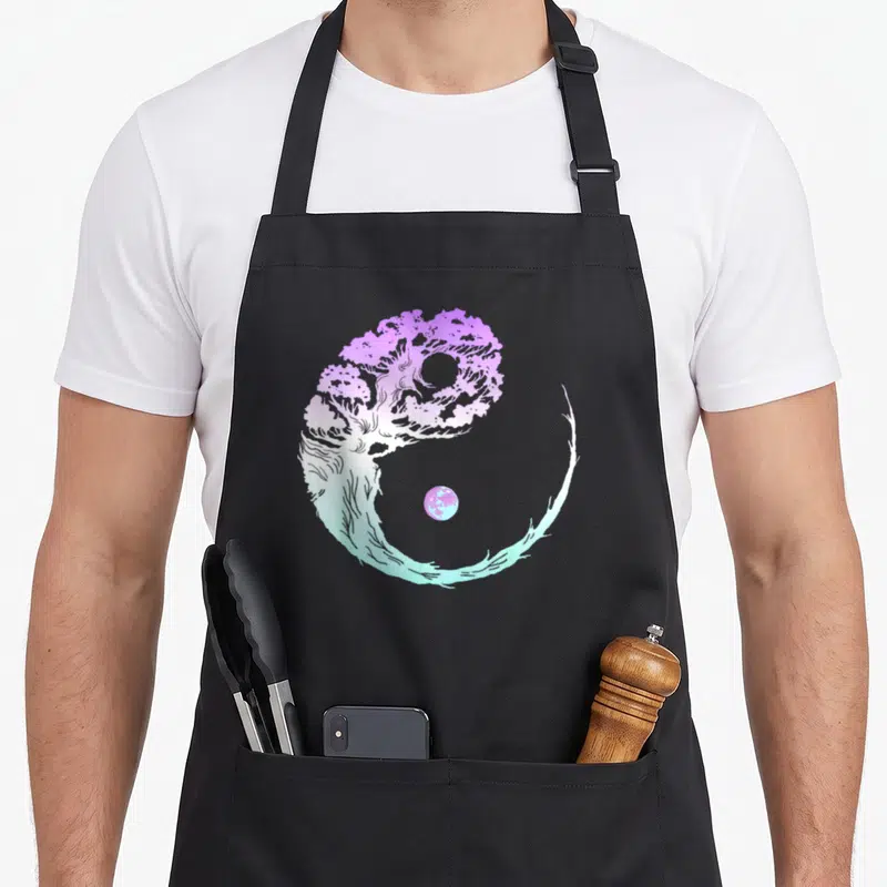 Gardening zen tree apron - Stylized tree forming yin yang with purple canopy teal roots and celestial bodies — shown on a black cotton canvas apron against a white background
