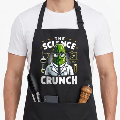 Dill pickled pickle apron - Cartoon pickle scientist with glasses and lab equipment under THE SCIENCE OF CRUNCH text — shown on a black cotton canvas apron against a white background