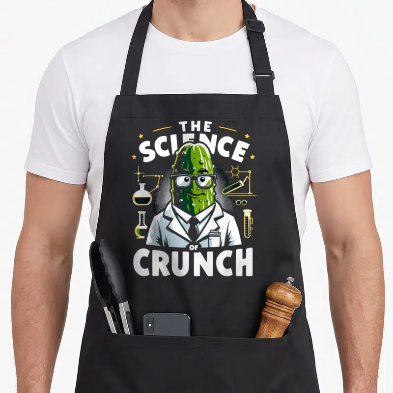 Dill pickled pickle apron - Cartoon pickle scientist with glasses and lab equipment under THE SCIENCE OF CRUNCH text — shown on a black cotton canvas apron against a white background