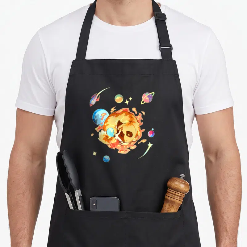 Sleepy dog apron - Cartoon orange dog sleeping among planets stars and rocket ship — shown on a black cotton canvas apron against a white background