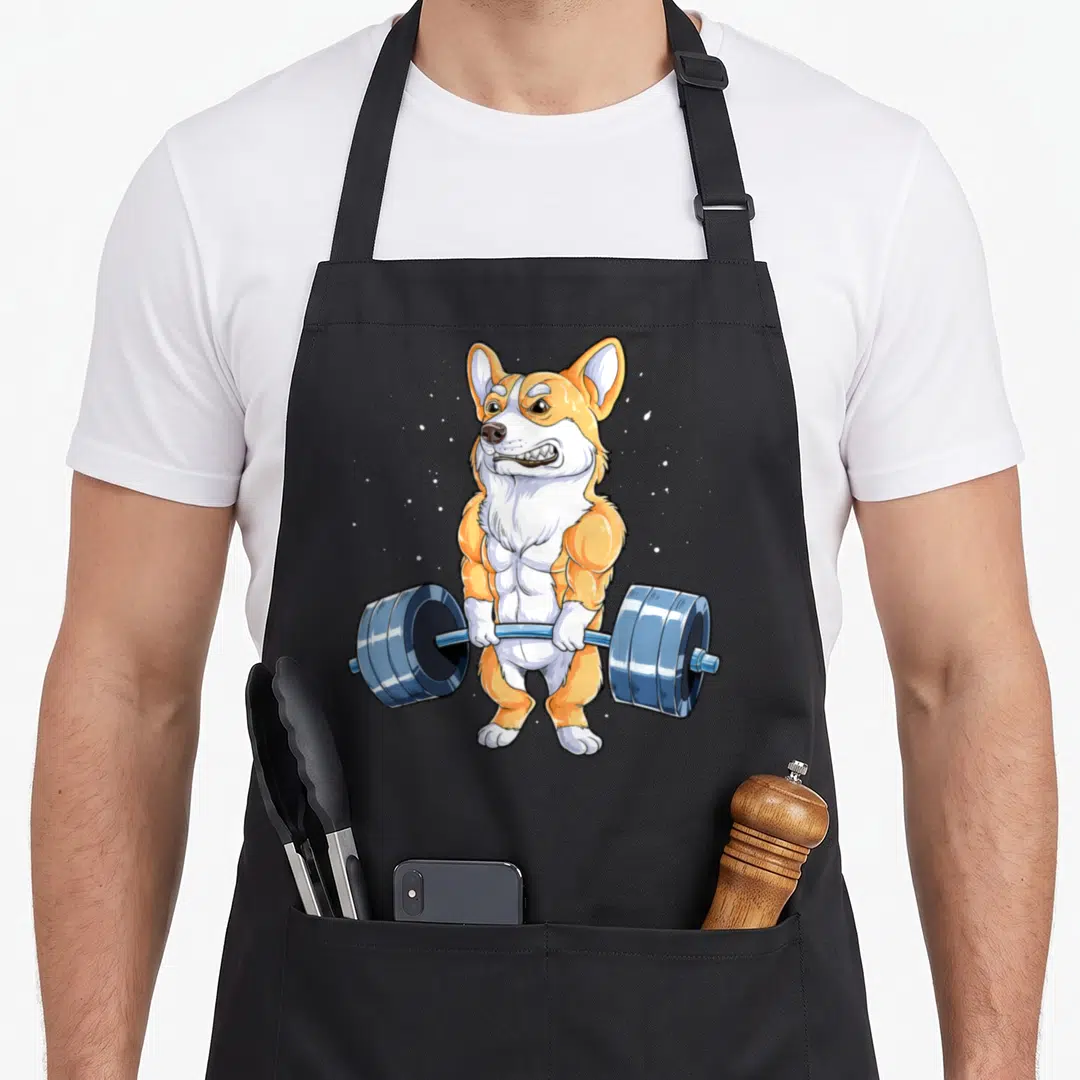 Weightlifting corgi apron - Muscular orange and white corgi cartoon lifting blue barbell — shown on a black cotton canvas apron against a white background