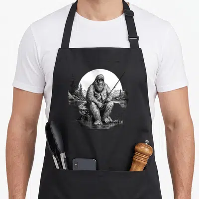 Foot fisherman apron - Bigfoot sitting on rock holding fishing rod in black and white line art with pine trees and sun — shown on a black cotton canvas apron against a white background