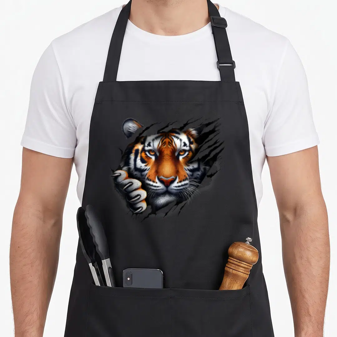 Cute tiger retro apron - Realistic tiger head and paw tearing through grey background in orange and black — shown on a black cotton canvas apron against a white background