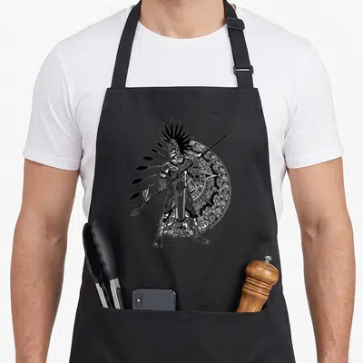 Aztec mexico apron - Line art of Aztec warrior holding spear in front of circular stone calendar in black and grey — shown on a black cotton canvas apron against a white background
