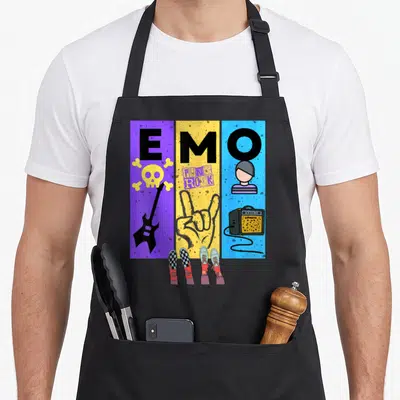 Grunge emo apron - Vertical EMO design with skull, guitar, hand gesture, amp, and checkerboard shoes on purple, yellow — shown on a black cotton canvas apron against a white background