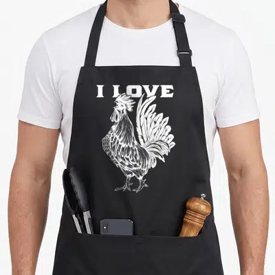 Vintage rooster apron - White I LOVE text above detailed line-art rooster facing left with fanned tail feathers — shown on a black cotton canvas apron against a white background