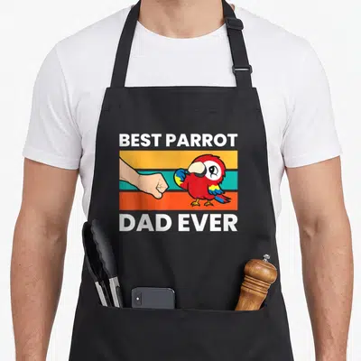 Scarlet papa apron - Cartoon red parrot fist-bumping human fist over orange teal and orange stripes with white text — shown on a black cotton canvas apron against a white background