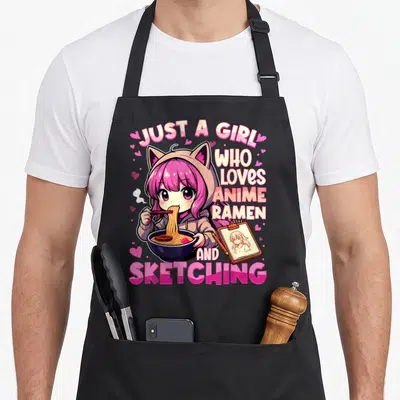 Funny anime japan apron - Girl in cat hoodie eating ramen with sketching text and pink hearts — shown on a black cotton canvas apron against a white background