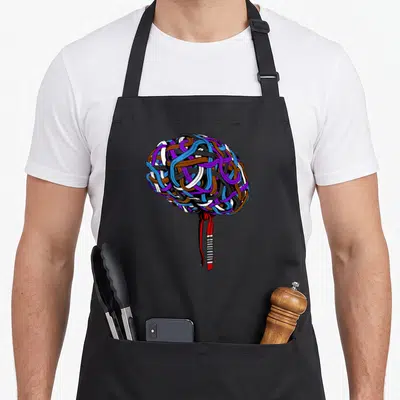 Jjb brazilian jiu jitsu apron - Spherical tangle of blue purple brown red white and black martial arts belts tied — shown on a black cotton canvas apron against a white background