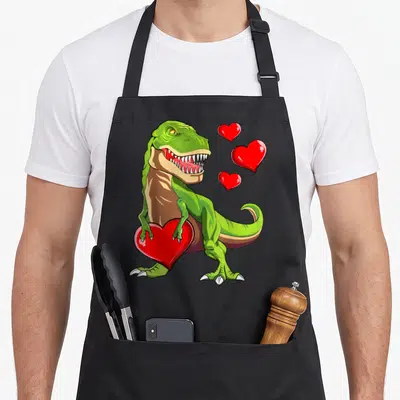 Trex valentine apron - Green cartoon T-Rex holding a large red heart with three smaller floating hearts — shown on a black cotton canvas apron against a white background
