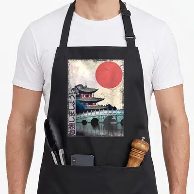Temple japan apron - Vintage pagoda and bridge with red sun and vertical Japanese text meaning let's study — shown on a black cotton canvas apron against a white background