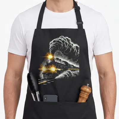 Conductor steam locomotive apron - Realistic grey white and yellow steam locomotive with smoke clouds and yellow light — shown on a black cotton canvas apron against a white background