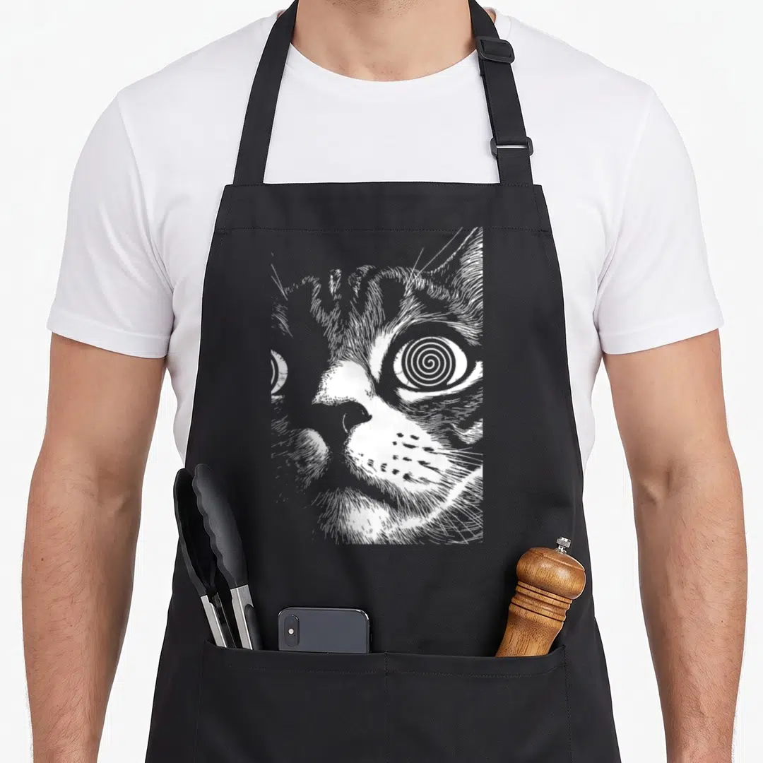 Trippy goth apron - White line art cat face with spiral eyes on dark background — shown on a black cotton canvas apron against a white background