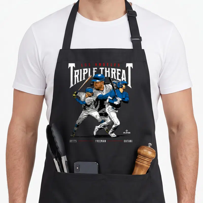 Triple ballpark mvp apron - Three baseball players with Detts Freeman Ohtani text and distressed Los Angeles lettering — shown on a black cotton canvas apron against a white background