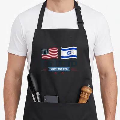 Original israeli boy apron - I STAND WITH ISRAEL text with US and Israeli flags and three stars of david in distressed — shown on a black cotton canvas apron against a white background