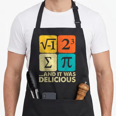 Delicious pie apron - Four colored squares with math symbols and text and it was delicious in distressed style — shown on a black cotton canvas apron against a white background
